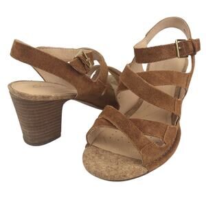 Clarks Cushion Plus Strappy Sandals Brown Suede 3" Block Heel US 9 EU 40